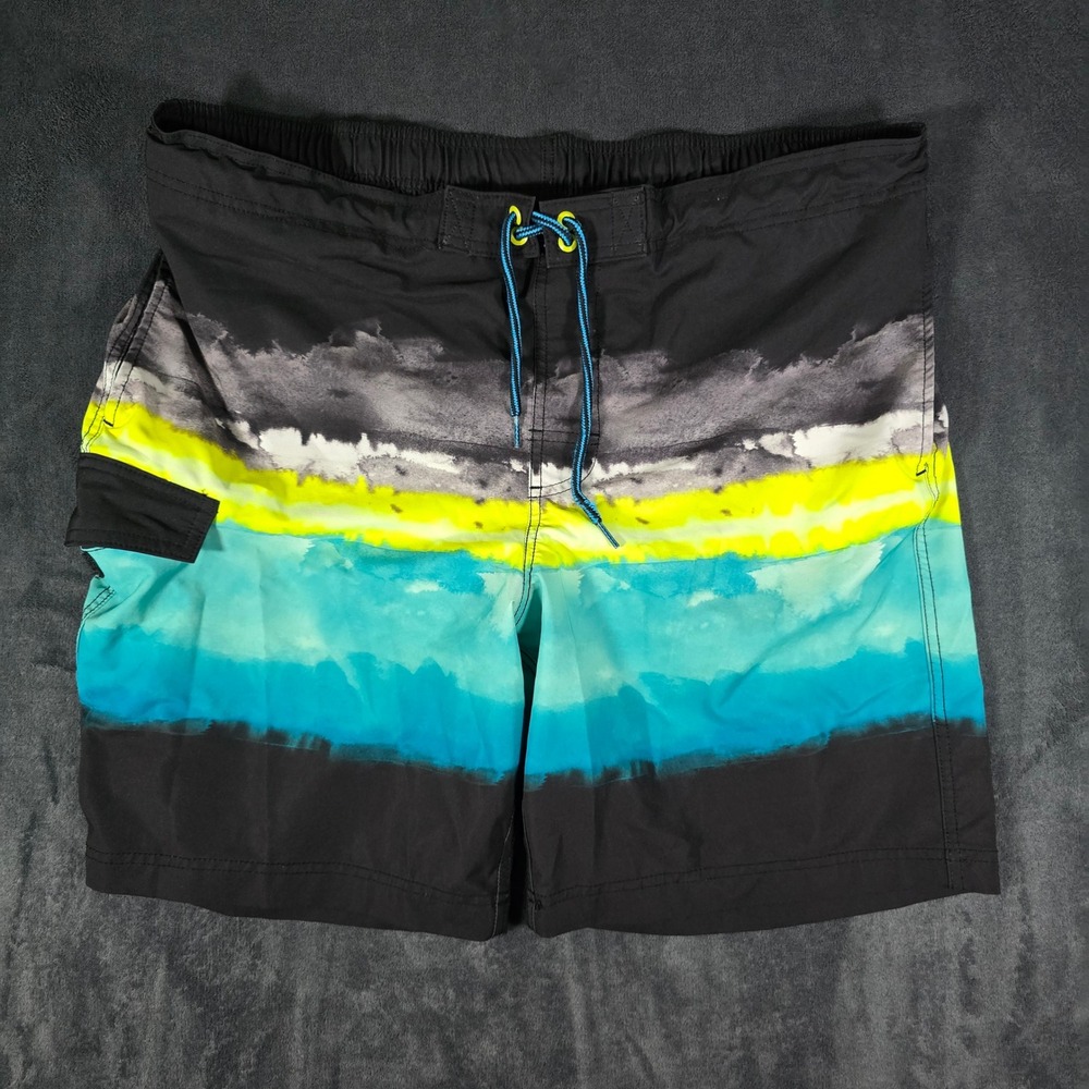George Mens XL (40-42) Swim Trunks Board Shorts Striped Blue Yellow Black‎